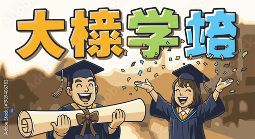 Two happy graduates in caps gowns.