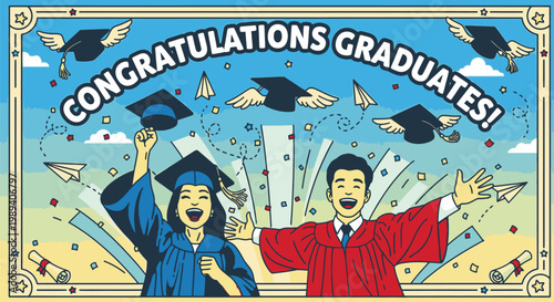 Two happy graduates in gowns celebrate.