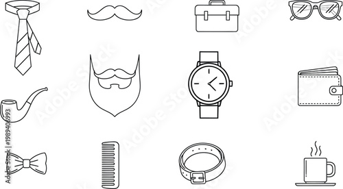 Hand drawn men's accessories icons isolated on transparent background