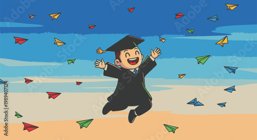 Young man in graduation gown jumping.