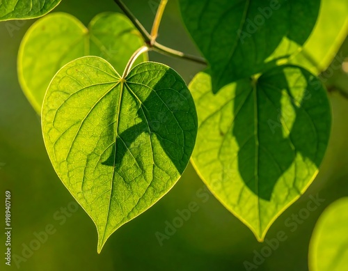 Green Heart Shaped Leaves Backlit Warm Sunlight In A Lush Summer Garden Forest Macro Photography