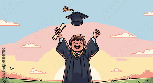 Young man in graduation gown celebrating 1.
