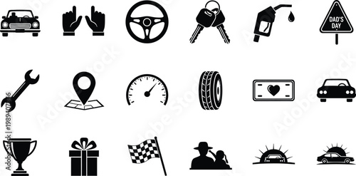 Black silhouette icons of automotive and travel elements isolated on transparent background