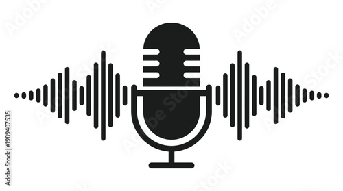 Microphone icon with sound waves, audio voice recognition, recording voice message sign, speech podcast mic symbol