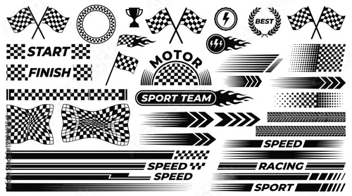 Racing cars and race car stripes set, angled checkered patterns, checkered flag, start and finish line, motocross labels, dynamic lines, motorsport, racing stripe speed, sport decals, tuning stickers