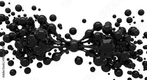 Abstract 3D Render of Glossy Black Liquid Spheres Connecting on White Background