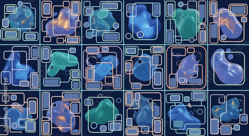 Abstract Futuristic Grid with Glowing Liquid Organic Shapes