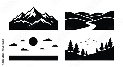 Minimalist mountain landscape silhouettes, set of 4 nature vector icons, black and white wilderness scenes with forest trees and winding river