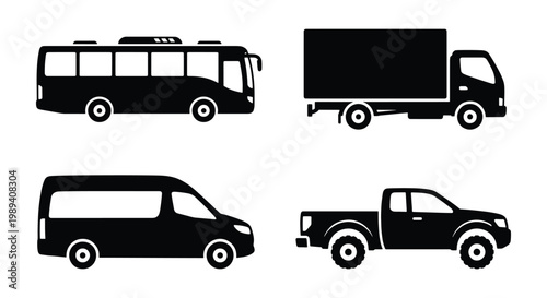 Commercial vehicle silhouette set, black transport icons of bus and delivery truck, cargo van and pickup truck vector collection for logistics