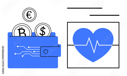 Finance, technology, health care, cryptocurrency, digital transactions, medical advancements. A digital wallet with cryptocurrency coins next to a heart with an EKG line. Finance and technology