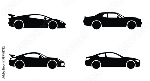 Modern sports car silhouettes set, black automotive vector icons, collection of 4 high performance vehicle side views, sleek racing car profile graphics