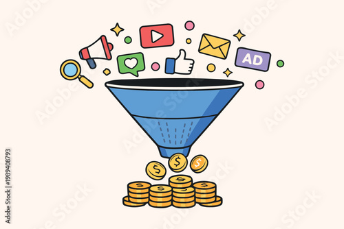 Digital marketing funnel generating revenue through various online channels Vector