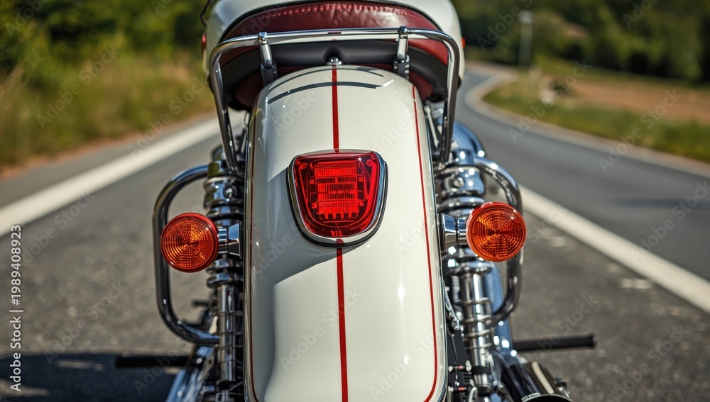 Fototapeta premium Close-up of the back of a vintage motorcycle, showcasing a white fender with red stripes, a shiny chrome rack, a red rear light, and orange round turn signals.