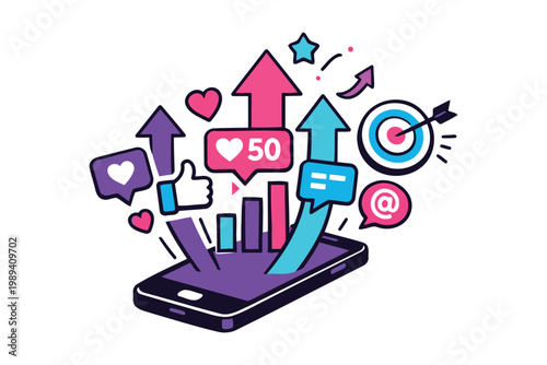 Digital engagement metrics and social media growth on a smartphone Vector