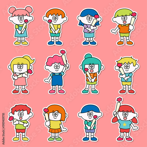 花を持ったこどものイラストセット（ベクター）