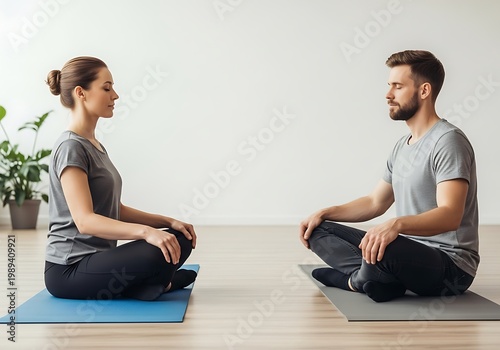 Couple meditating indoors on yoga mats with serene expression and calmness