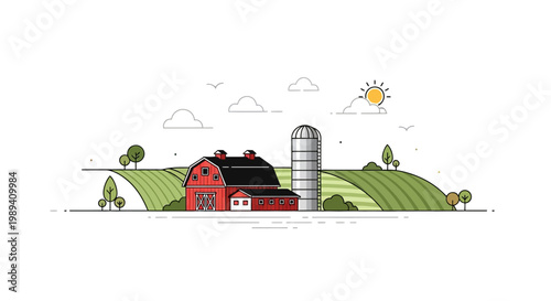 Vibrant Farm Landscape with Red Barn, Silo, and Green Fields Under Sunny Sky