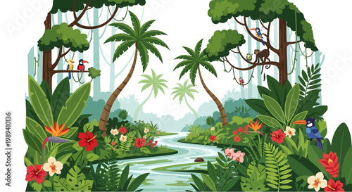 Vibrant Jungle River Scene with Palm Trees, Exotic Birds, and Monkeys