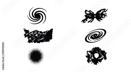 Abstract black cosmic shapes and galaxy swirls, set of 6 vector space elements, celestial spiral and nebula silhouettes for sci-fi design
