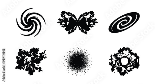 Abstract cosmic shapes and galaxy swirls vector set, black ink splash and nebula cloud icons, 6 celestial space elements for logo design