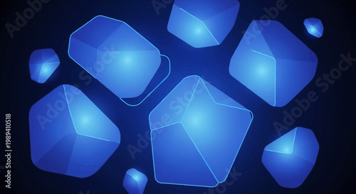 Abstract Glowing Blue Geometric Crystal Shapes Floating in Dark Space