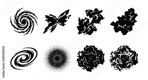 Black celestial space silhouettes, set of 8 cosmic galaxy and nebula vector icons, hand drawn astronomical vortex and star cluster shapes