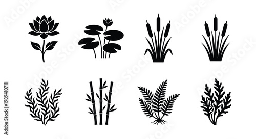 Tableau sur toile Minimalist aquatic plant icons set, black silhouette water lily and lotus vector