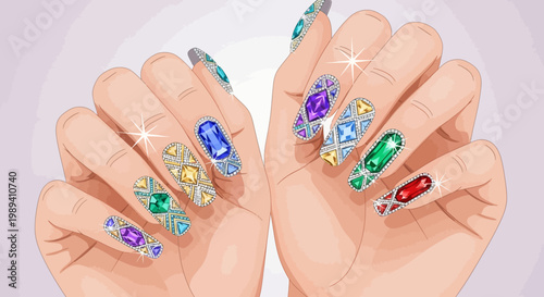 Hands showcasing vibrant nail art design with various colorful gems