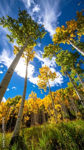 Golden Aspen Trees In Autumn Forest Looking Up At Bright Blue With White Clouds And Sunlight Wide Angle Landscape Photography