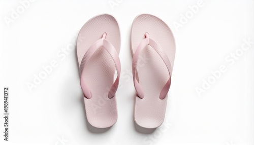 Pink flip flops, pair of casual summer sandals on white background, flat footwear, beach or pool shoes