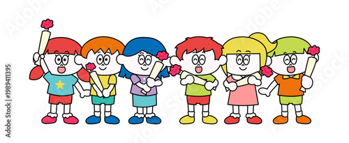 花を持ったこどもたちのイラスト（ベクター）