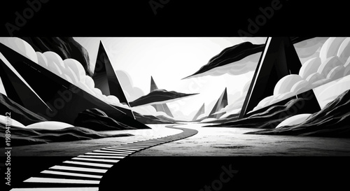 Surreal Black and White Landscape with Winding Path and Jagged Peaks