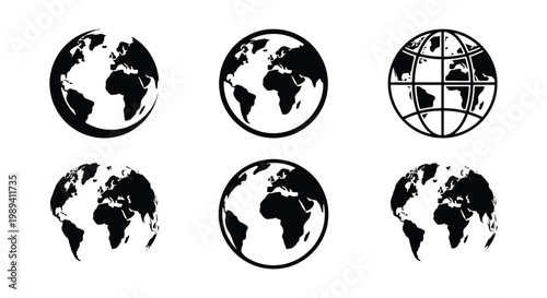 Global earth icons set, black world map silhouettes on white background, 6 vector planet globe symbols for logistics and international business