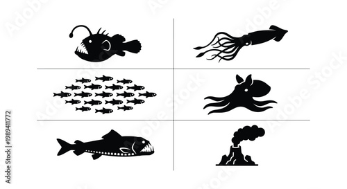 Deep sea creature icons set, black silhouette marine life vectors, anglerfish octopus and squid illustrations, underwater volcanic vent graphics