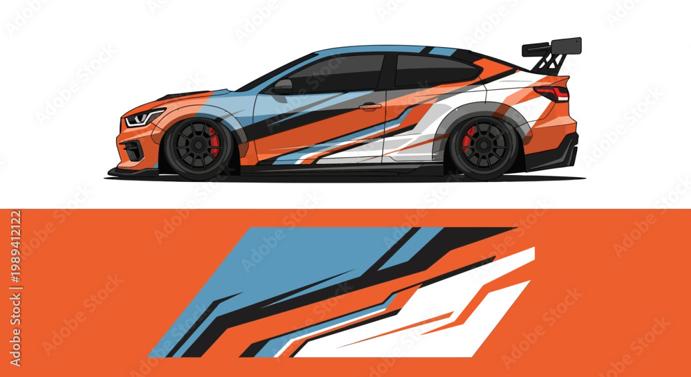 Naklejka premium Side view race car featuring orange blue white livery with bold graphic branding.