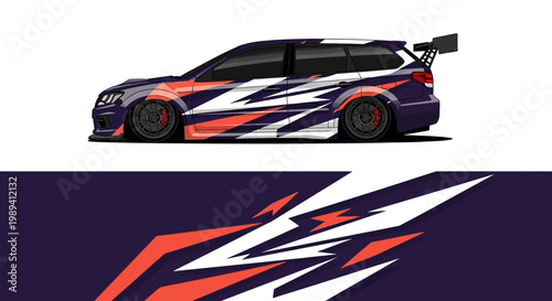 Colorful racing car with bold geometric livery on sleek sport coupe.
