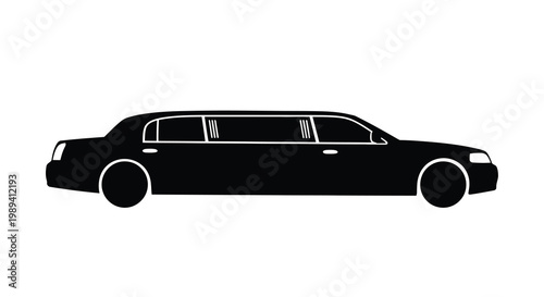 A sleek black limousine is displayed in a striking side view silhouette