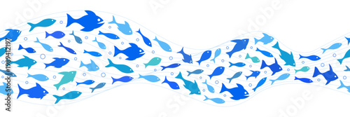 Shoal of fish, seamless border, sea wave, stylized vector illustration, isolated on white background