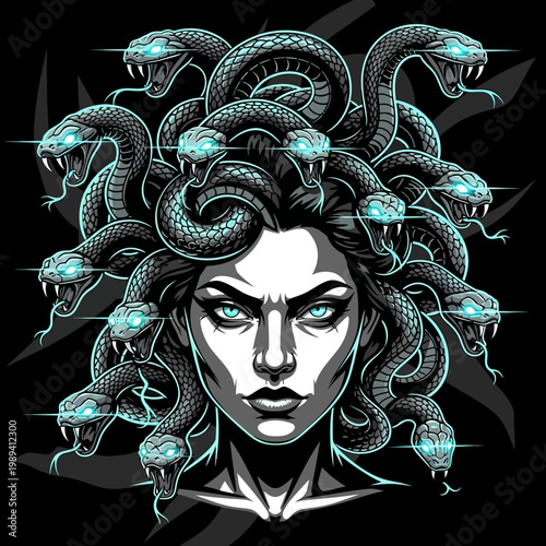 Medusa with snakes on her head looks directly ahead