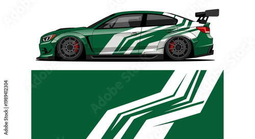 Green racing car with bold stripes and sleek aerodynamics on a track.