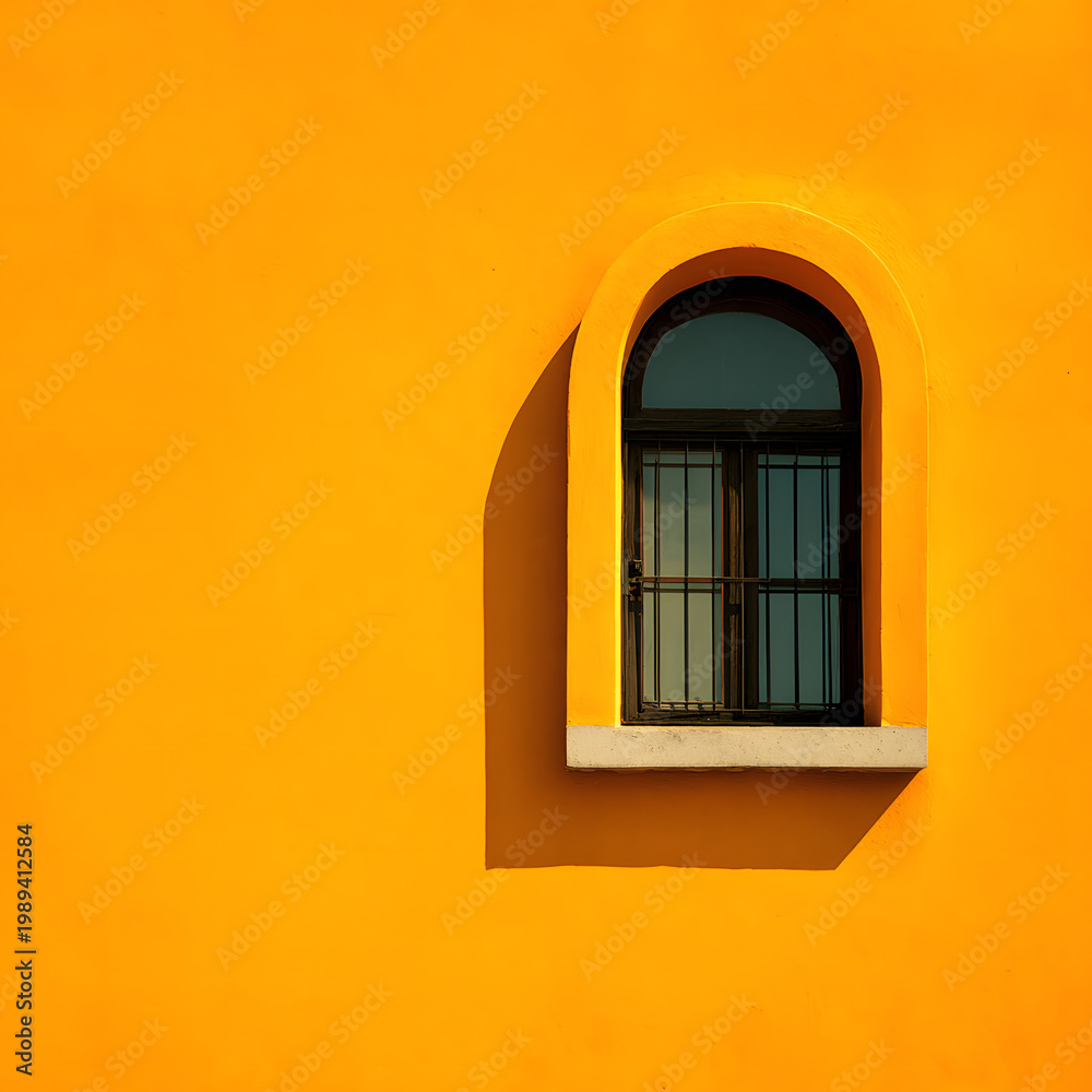 Obraz premium A sunlit, minimalist architectural image of a vivid yellow wall with an arched window, casting a stark shadow.