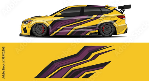 Sleek yellow race car with bold purple stripes and dynamic side profile on vibrant background.