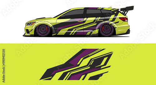 Sleek neon lime race car with bold graphic decals and wheels.