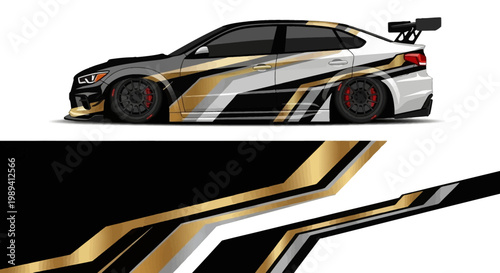 Sleek race car with black, white and gold livery and aerodynamic spoiler on track side view.