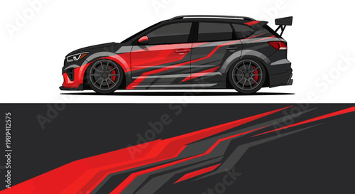 Sleek Red and Black Sports Car with Graphic Livery.