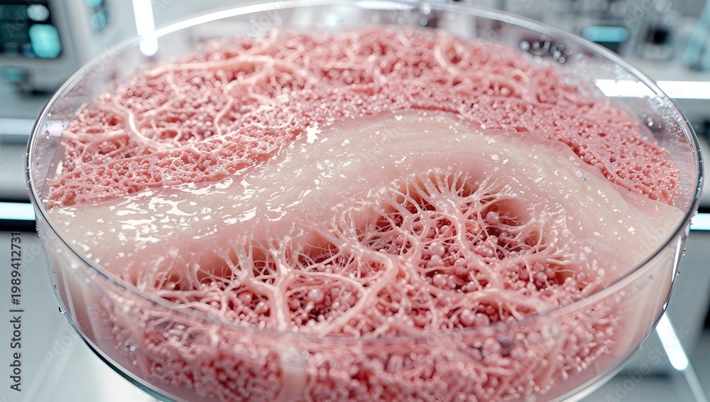 Fototapeta premium Cultured laboratory-grown vascular organoid tissue in a glass petri dish for medical research