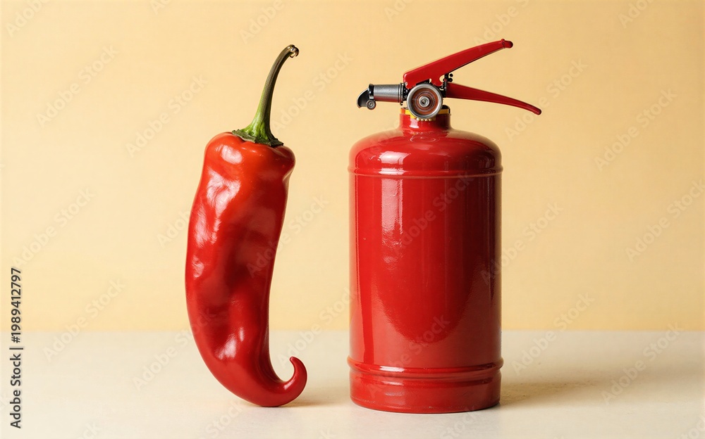 Obraz premium Red chili pepper and fire extinguisher side by side on a plain