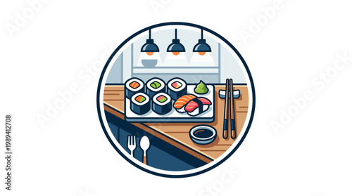 Sushi on a wooden sushi board.