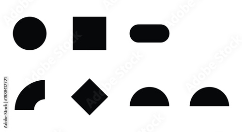 Minimalist geometric shapes collection, black solid vector icons set, basic abstract silhouettes for graphic design and branding projects