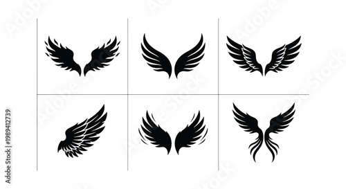 Black wing silhouettes set, 6 vector wing icons for logos and tattoos, decorative bird and angel wing illustrations on white background